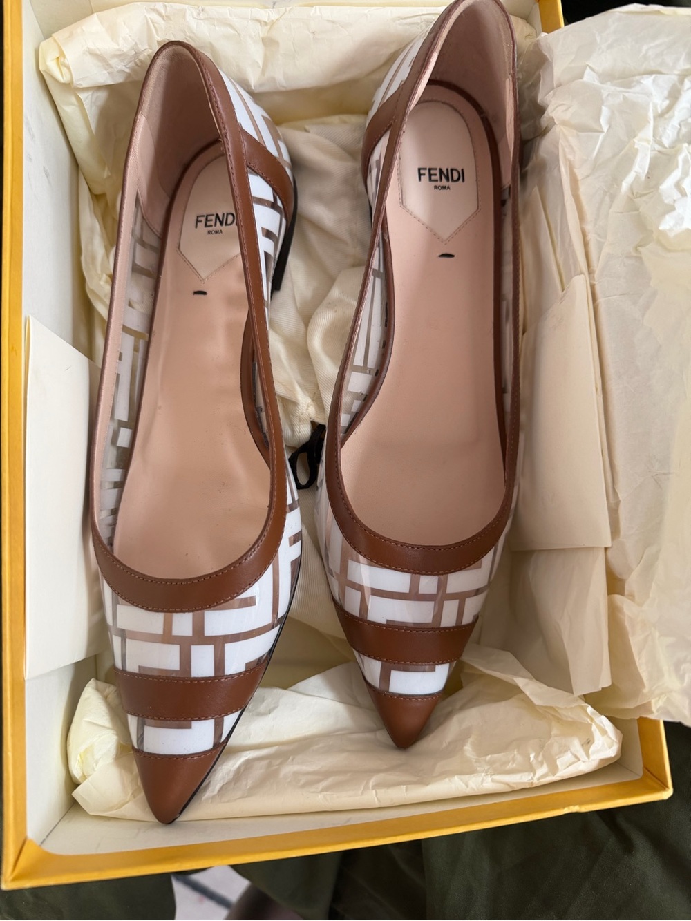 Fendi Brown & White Pointed-Toe Logo-Print Flats - Picture 4 of 4